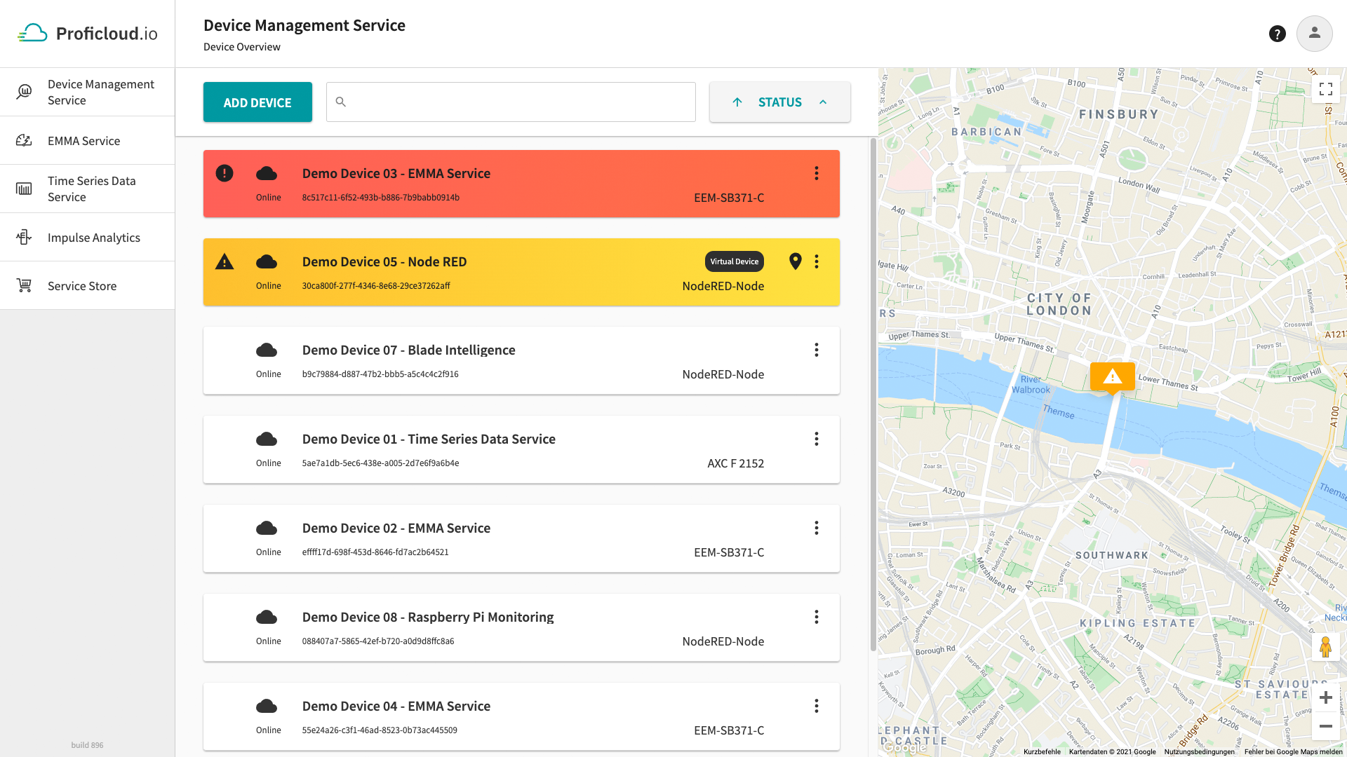 The device overview ensures that it can be quickly identified which device is in which state.