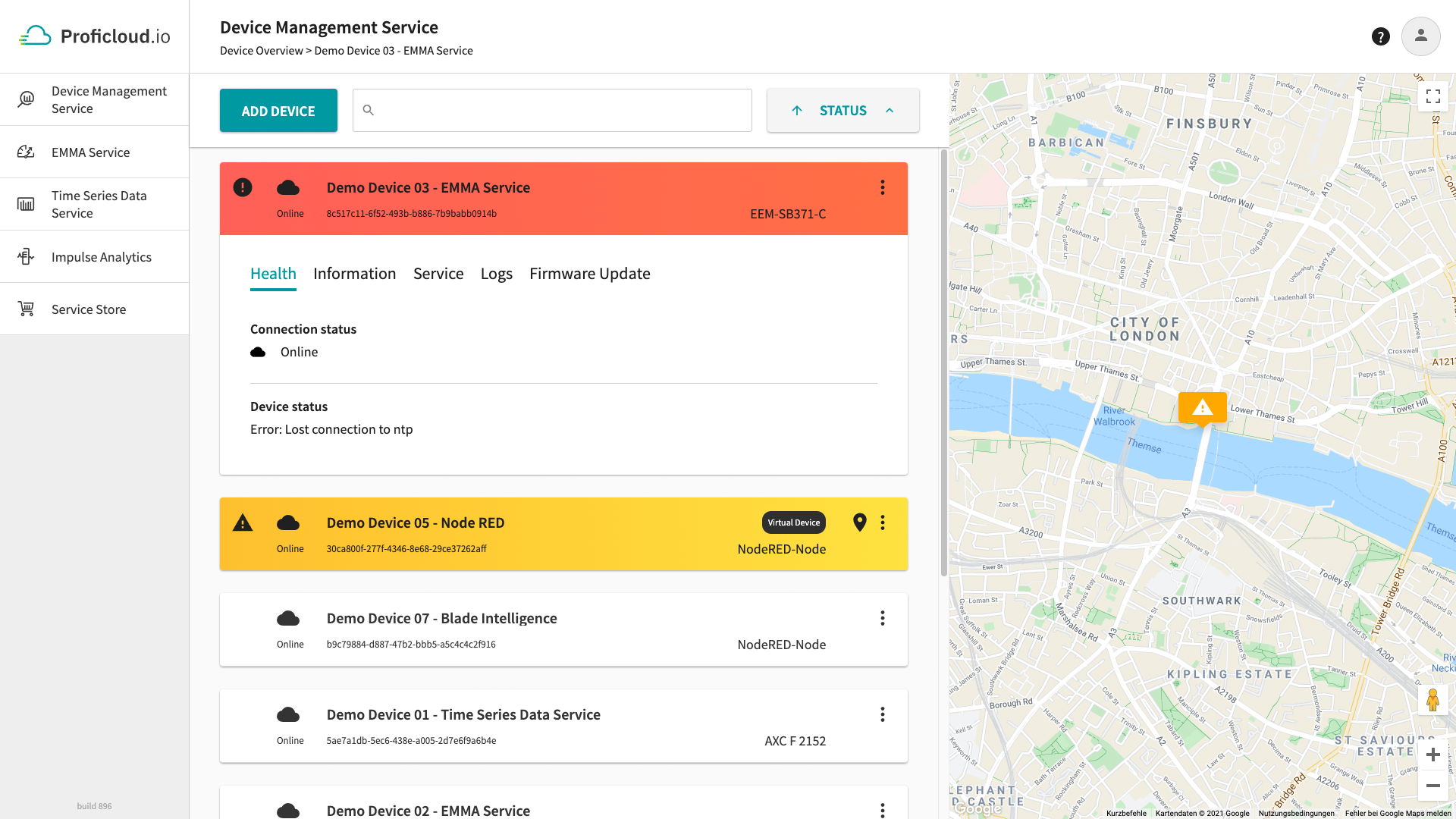 The device detail view provides the user with more information about the health status of the device.