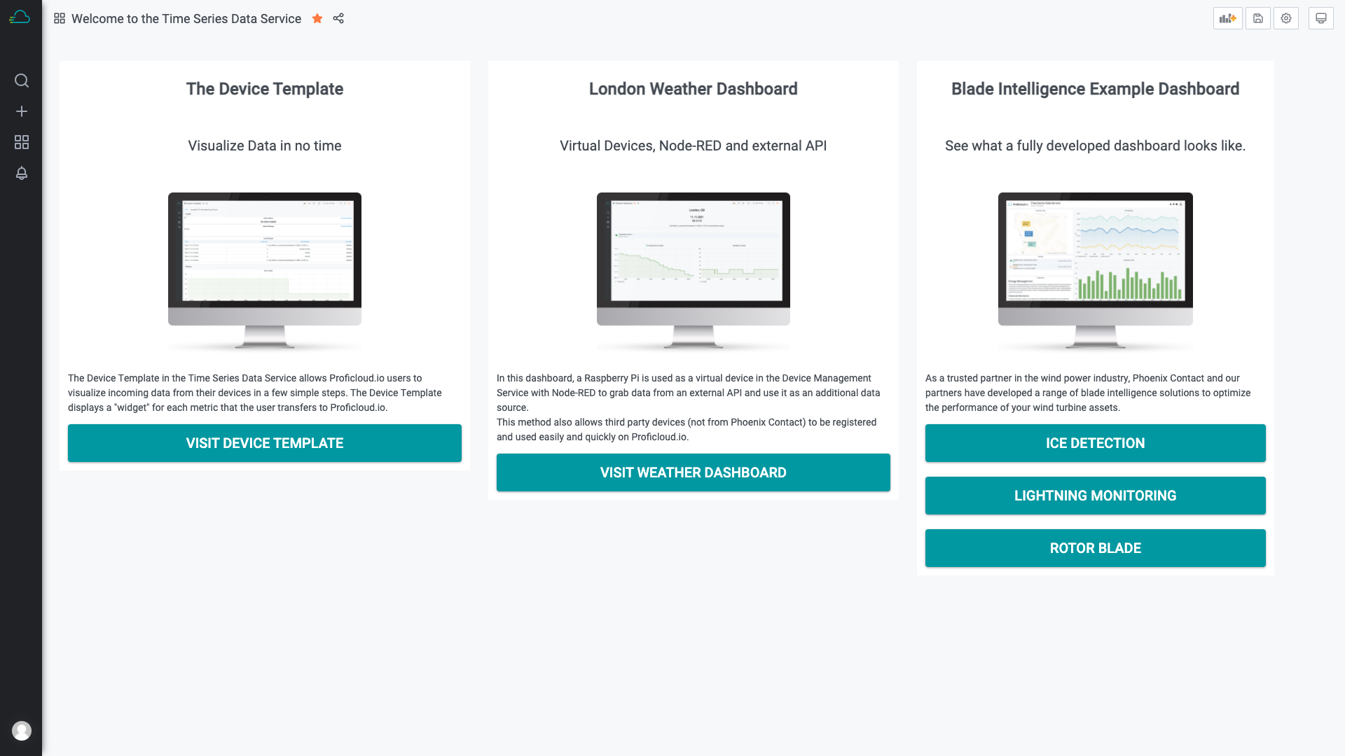 Nutzer des Time Series Data Service können sich eigene Home-Dashboards nach ihren Wünschen erstellen, sodass sie den Smart Service ganz auf ihre Bedürfnisse zuschneiden können.