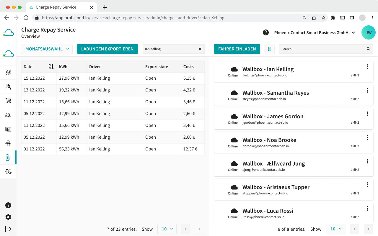 For high user-friendliness you have the possibility to filter both shown lists in the admin view of the Charge Repay Service.