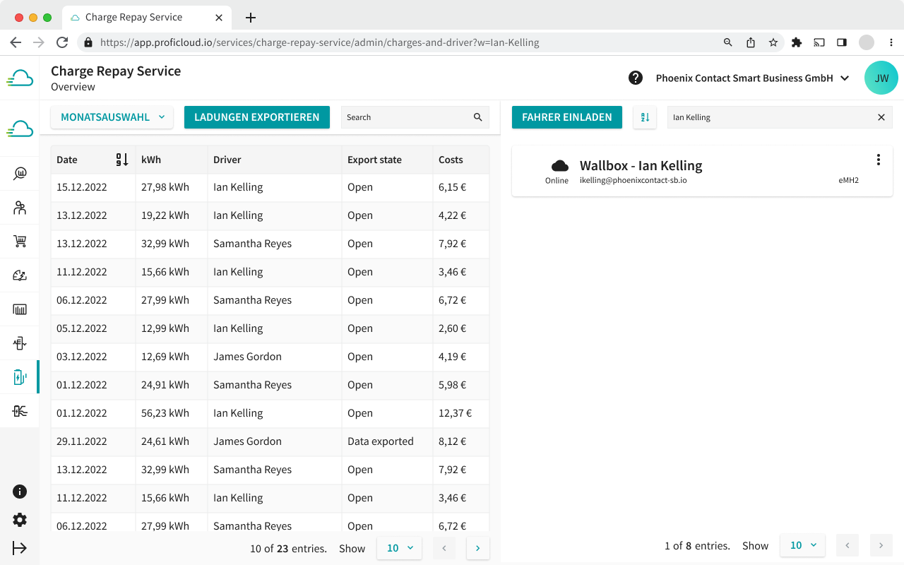 For high user-friendliness you have the possibility to filter both shown lists in the admin view of the Charge Repay Service.