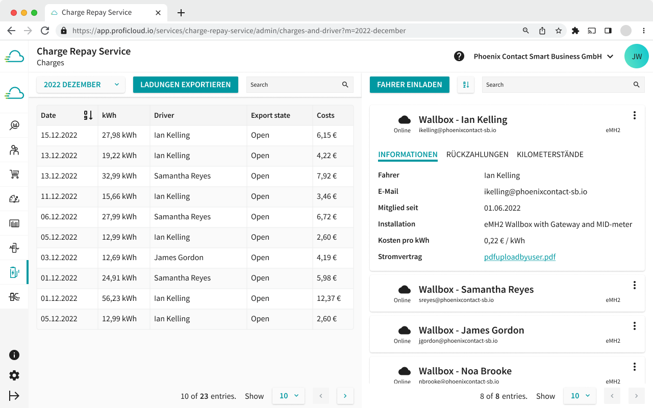 In the Admin view of the Charge Repay service you always have the possibility to view information about electricity contracts or kWh prices.