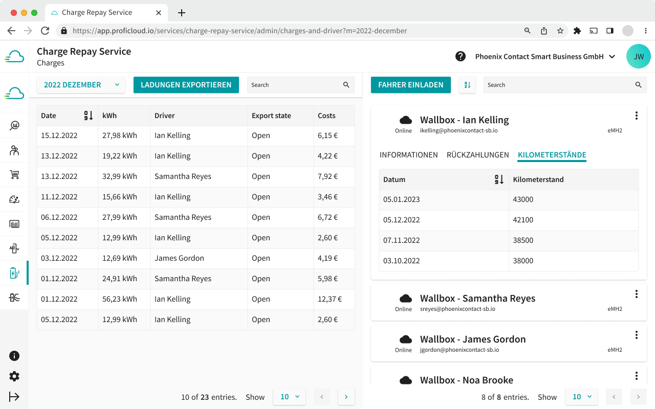 In the Admin view of the Charge Repay Service you always have the possibility to check the entered mileage.